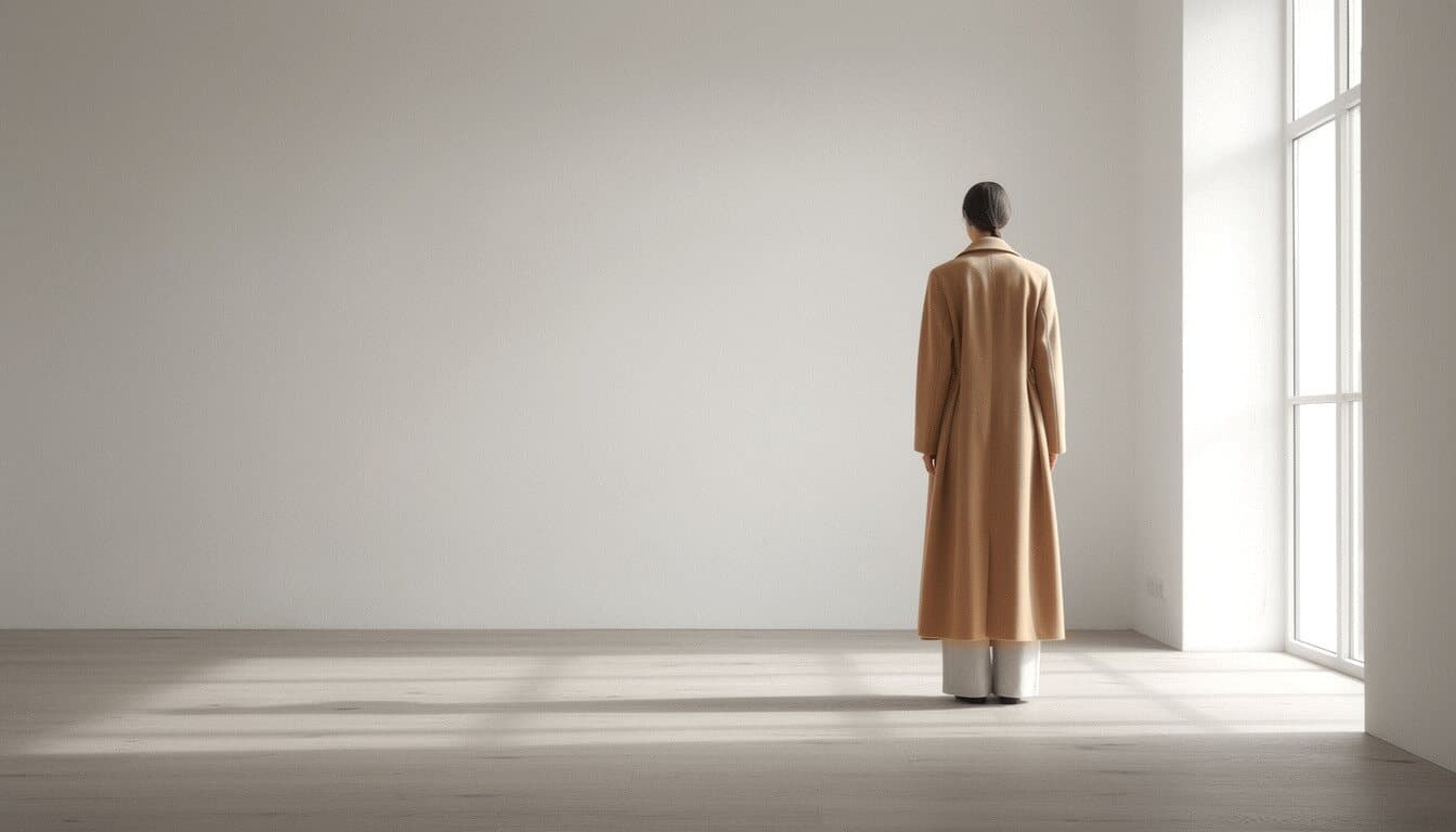 A woman in a long camel wool coat stands with her back to the camera in an empty white room beside a tall window